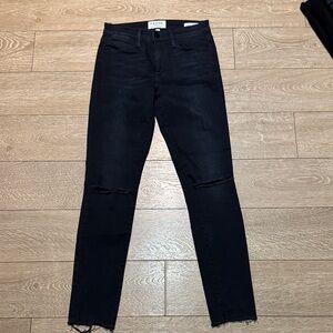 Frame Denim Black High-Rise Skinny Jeans with Knee Rips